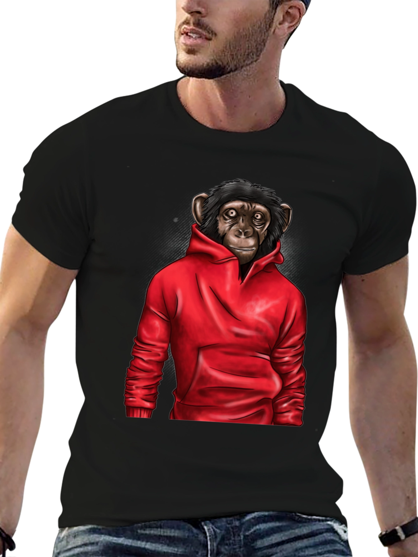 Chimpanzee in Hoodie Graphic Tee - Black T-Shirt