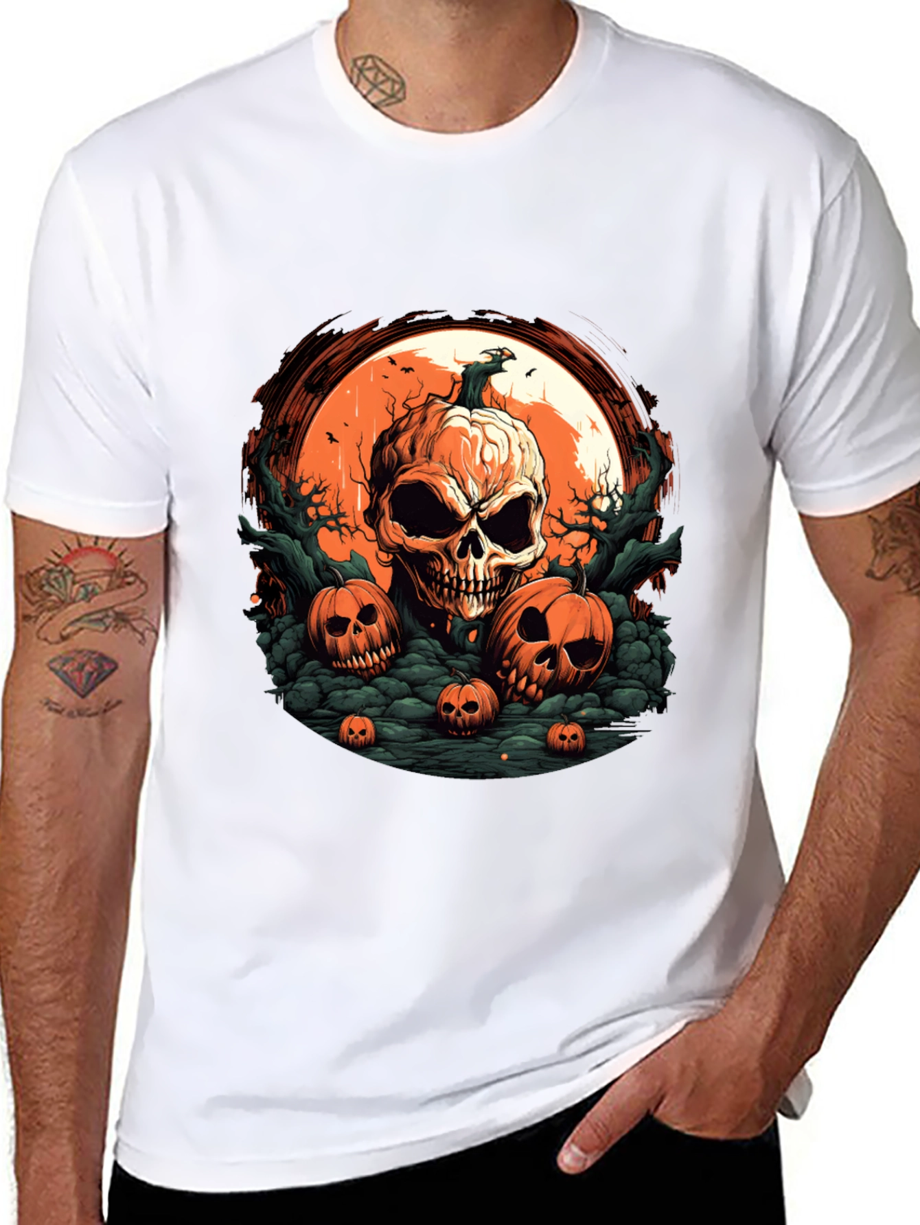 Halloween Skull Pumpkin Graphic T-Shirt