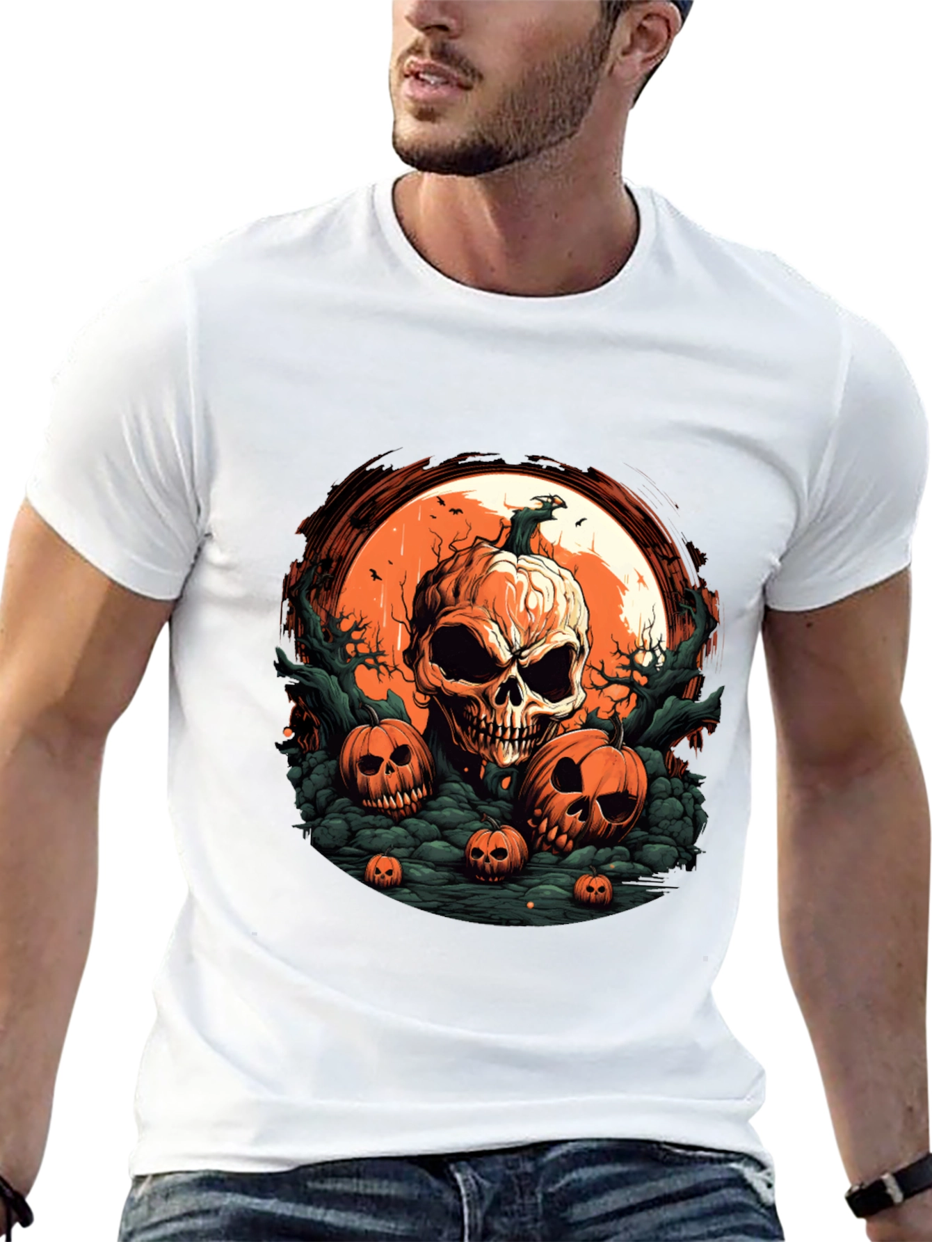 Halloween Skull Pumpkin Graphic T-Shirt