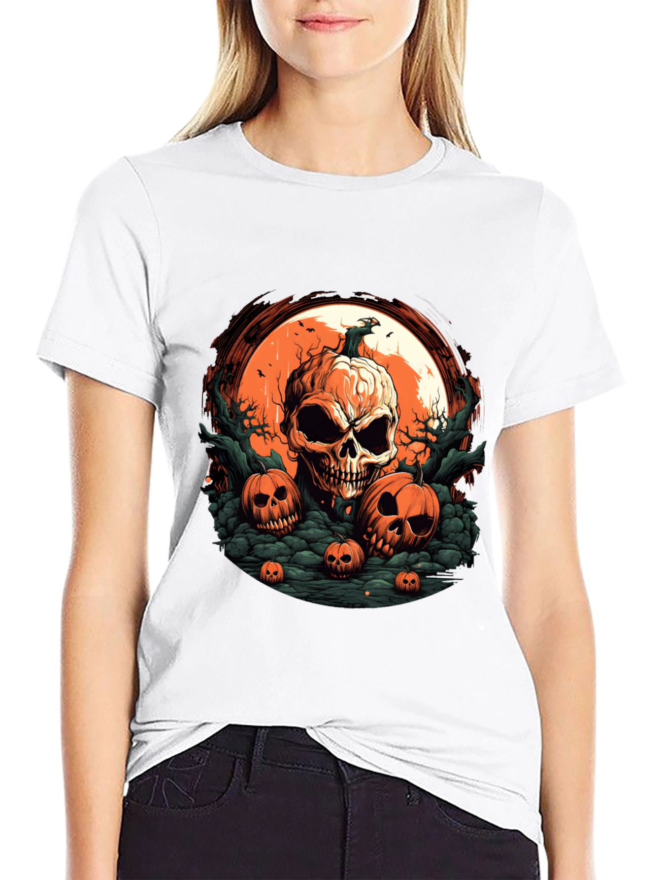 Halloween Skull Pumpkin Graphic T-Shirt