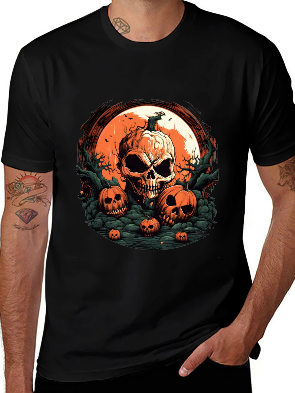 Halloween Skull Pumpkin Graphic T-Shirt