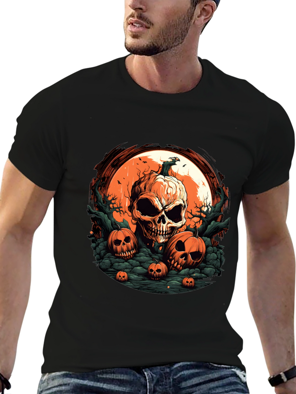 Halloween Skull Pumpkin Graphic T-Shirt