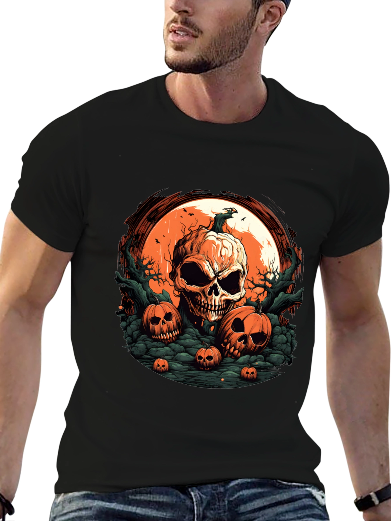 Halloween Skull Pumpkin Graphic T-Shirt