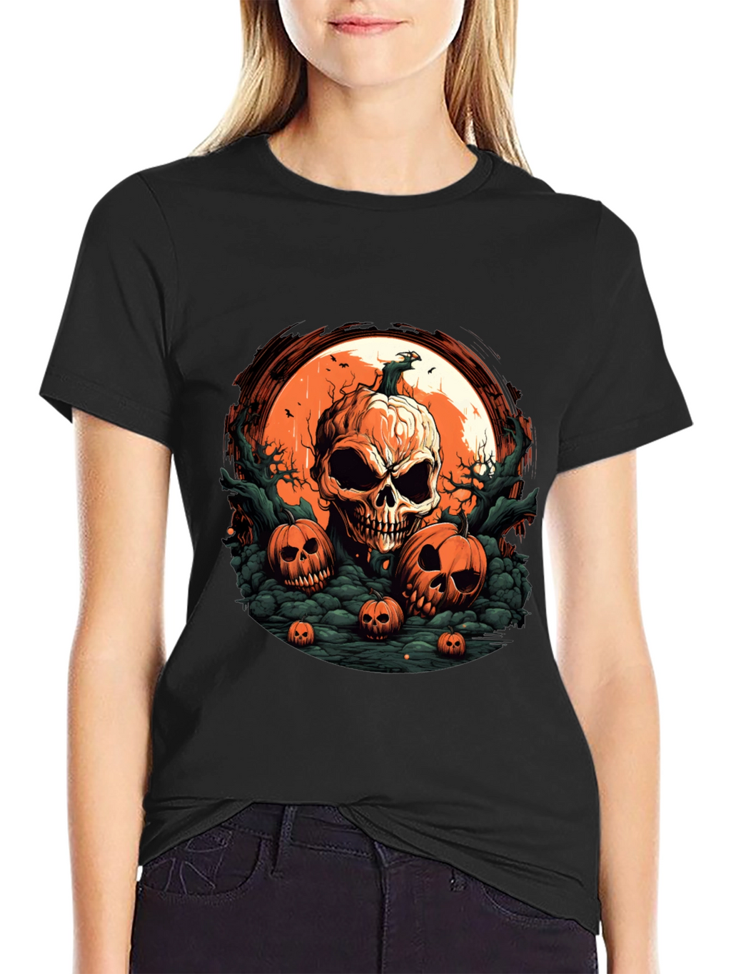 Halloween Skull Pumpkin Graphic T-Shirt