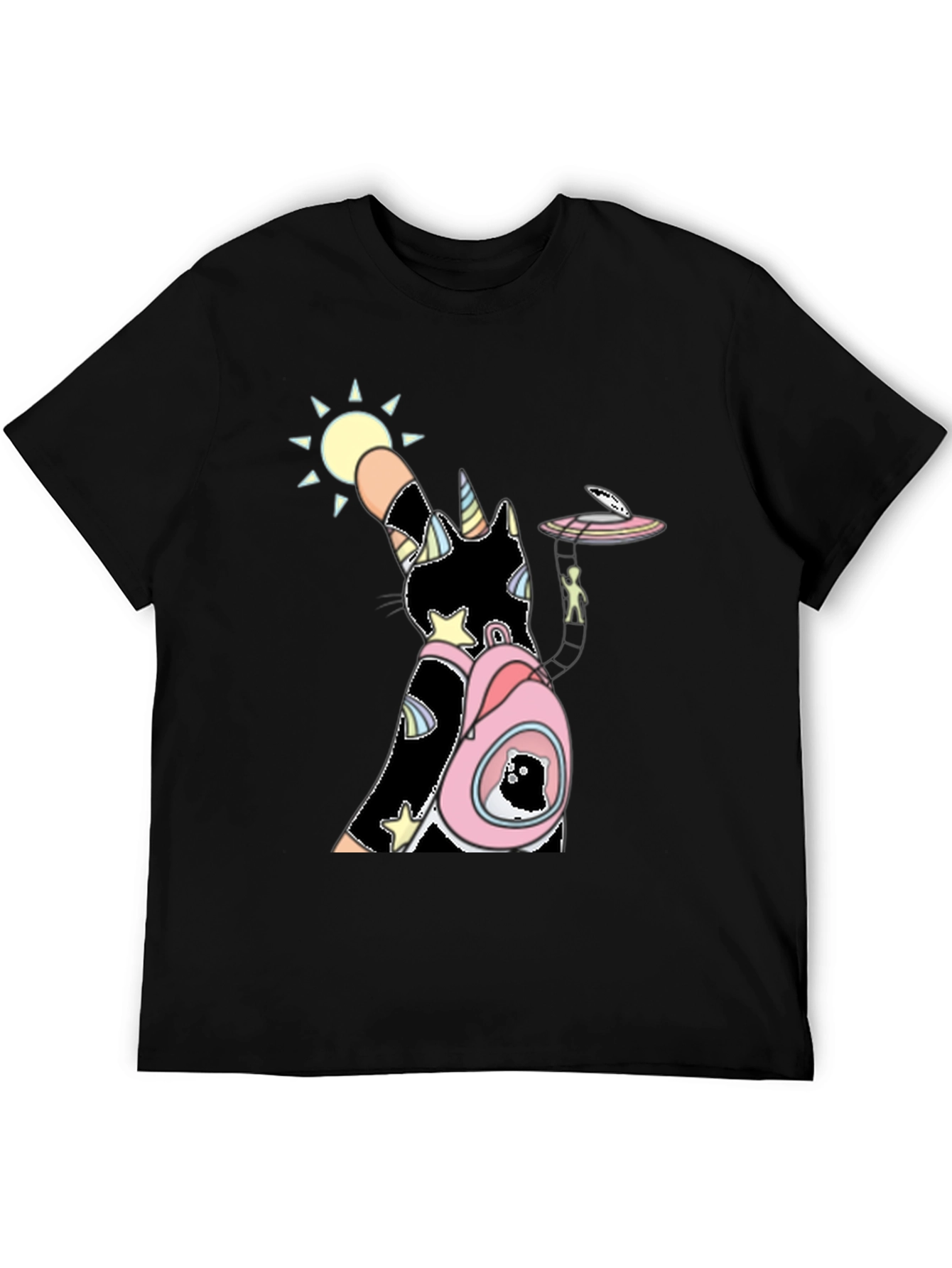 Unicorn Cat Black T-Shirt with Backpack and Alien Scene