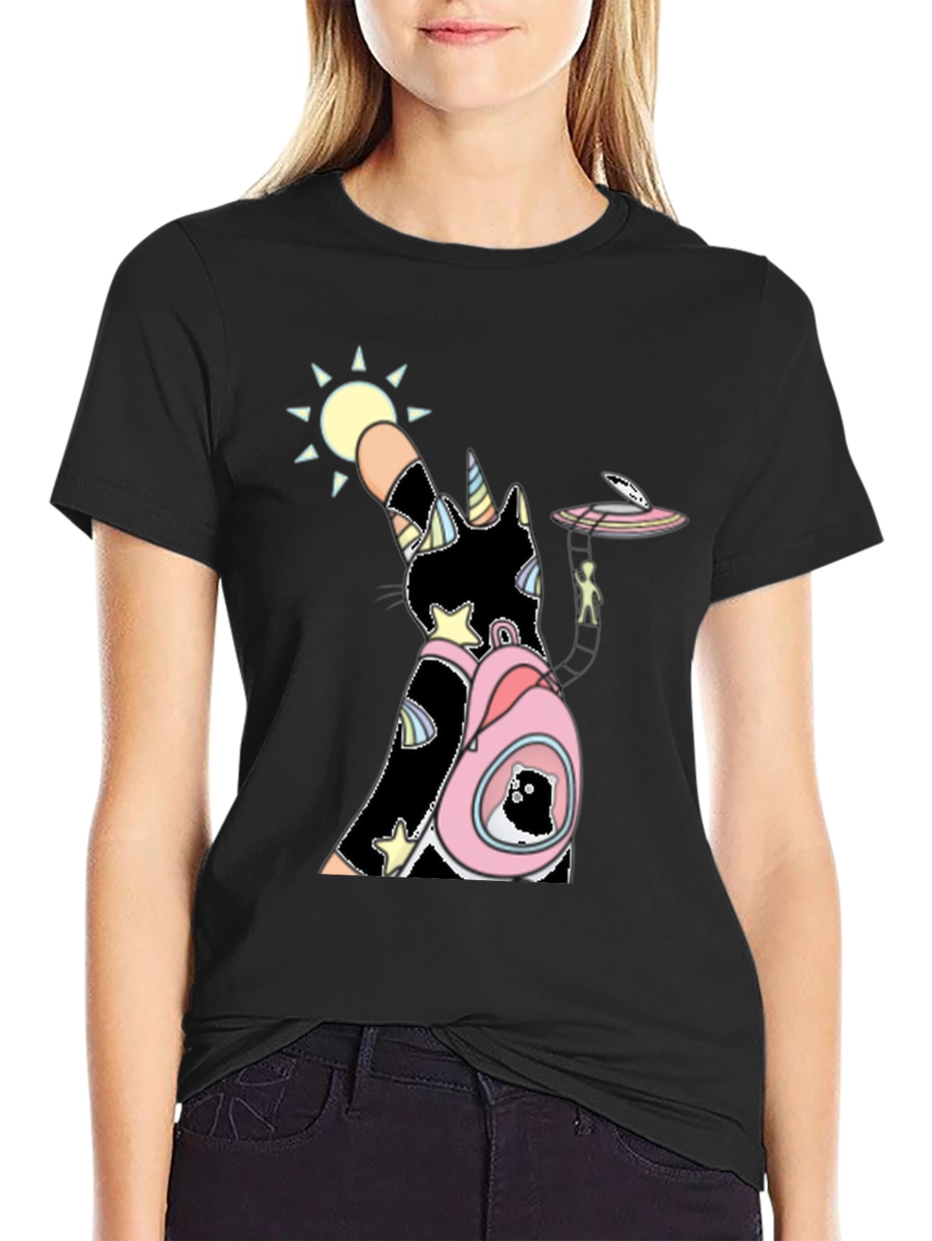 Unicorn Cat Black T-Shirt with Backpack and Alien Scene