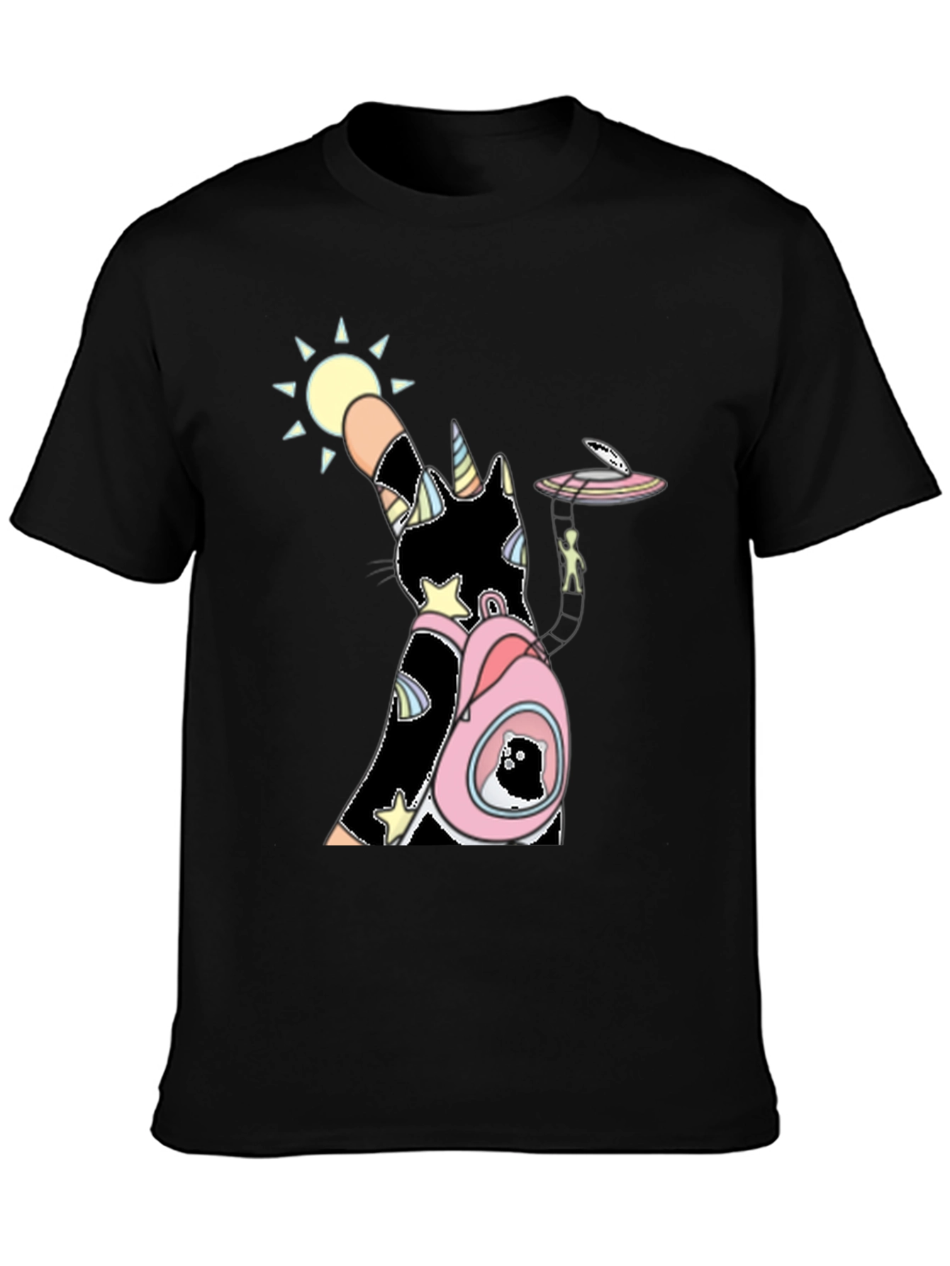 Unicorn Cat Black T-Shirt with Backpack and Alien Scene