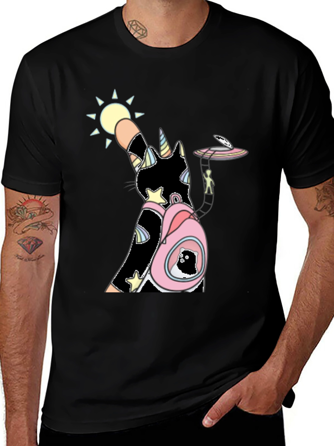 Unicorn Cat Black T-Shirt with Backpack and Alien Scene