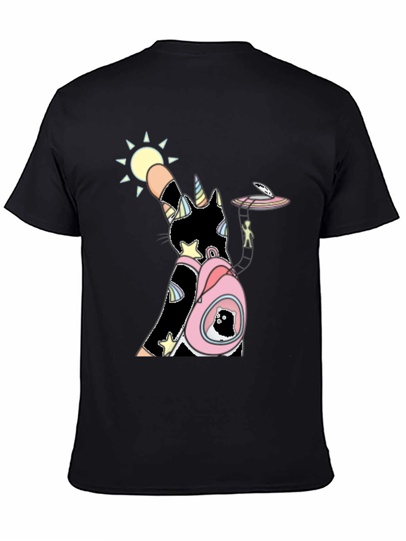 Unicorn Cat Black T-Shirt with Backpack and Alien Scene