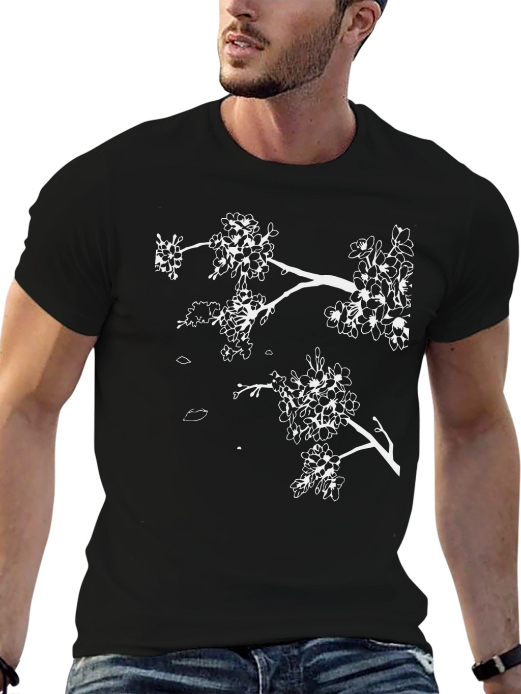 Black T-Shirt with White Cherry Blossom Branch Design
