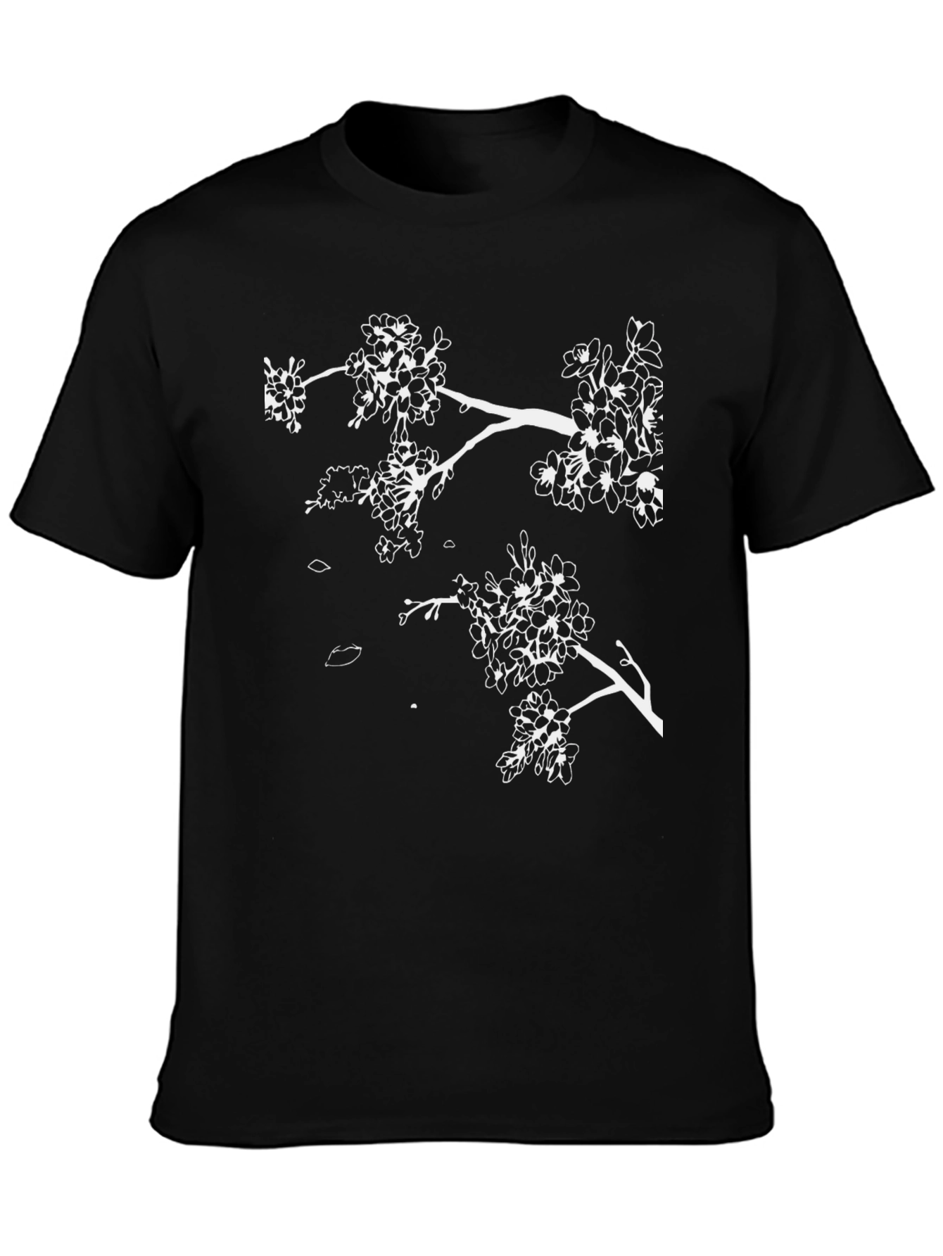 Black T-Shirt with White Cherry Blossom Branch Design