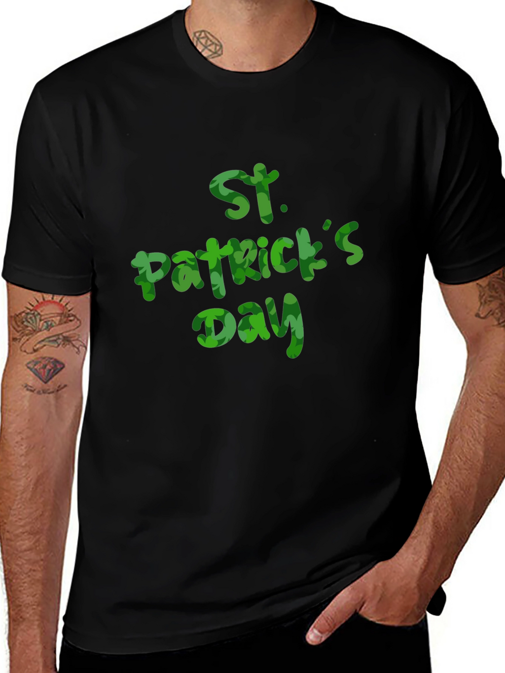 St. Patricks Day Clover Print Black T-Shirt