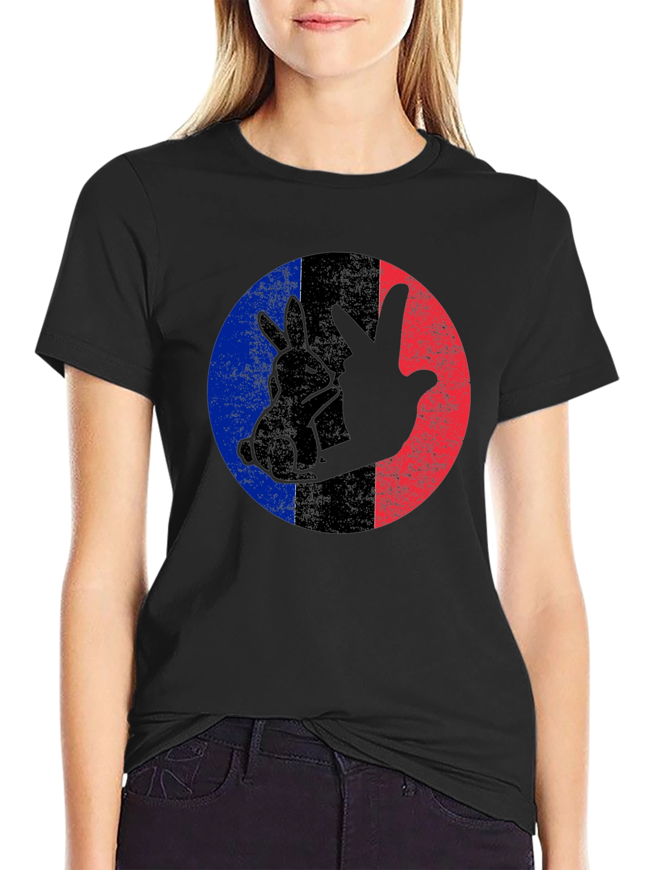 Rabbit Peace Sign Black T-Shirt
