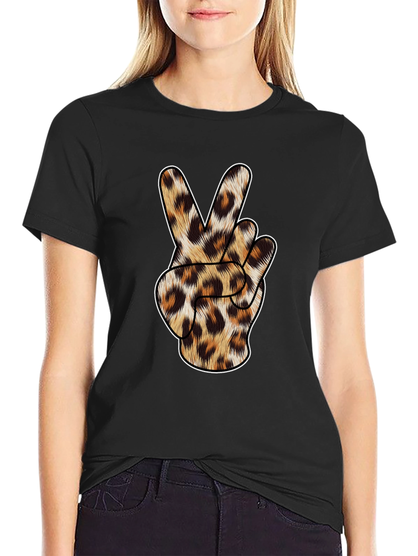Leopard Print Peace Sign Black T-Shirt