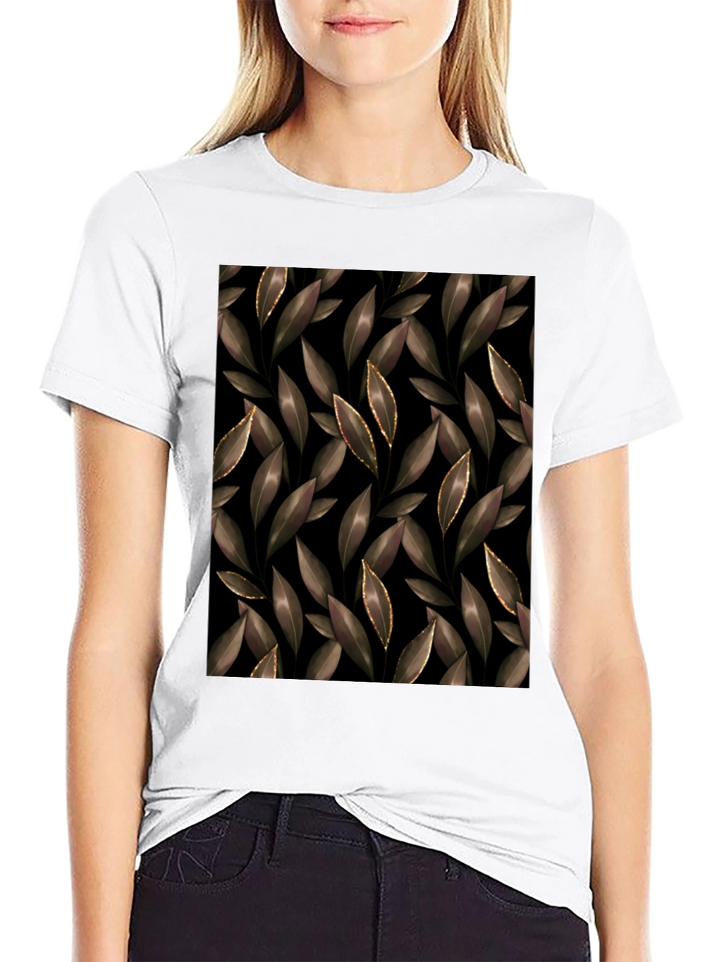 Elegant Leaf Print Black T-Shirt