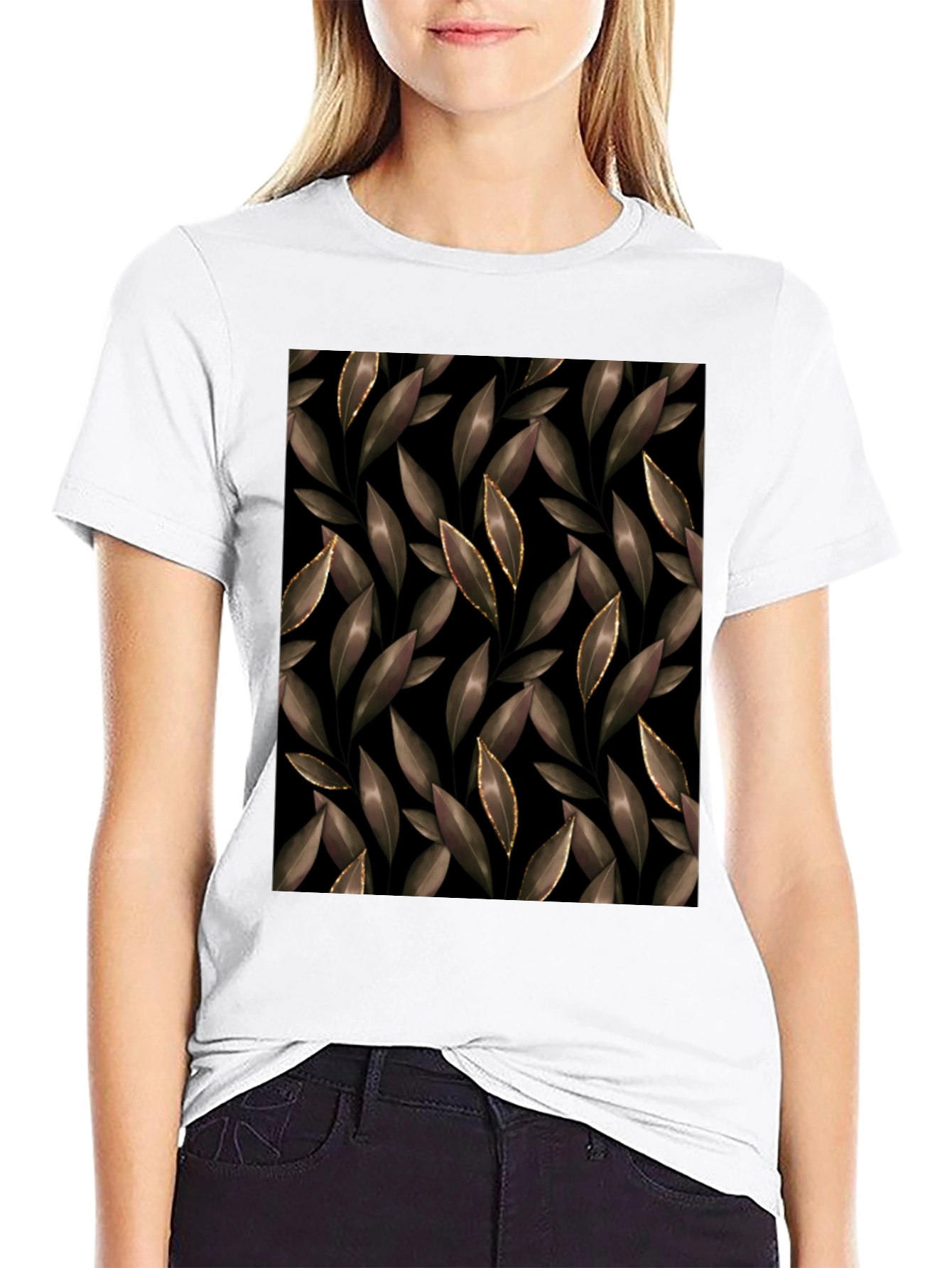 Elegant Leaf Print Black T-Shirt