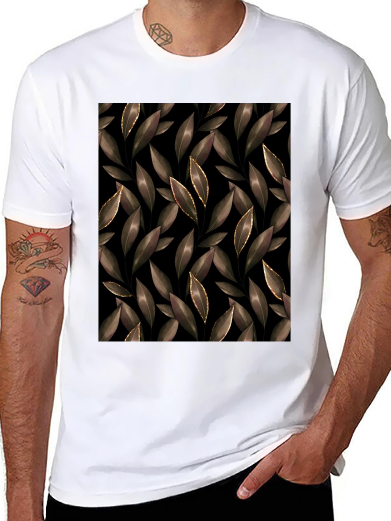 Elegant Leaf Print Black T-Shirt