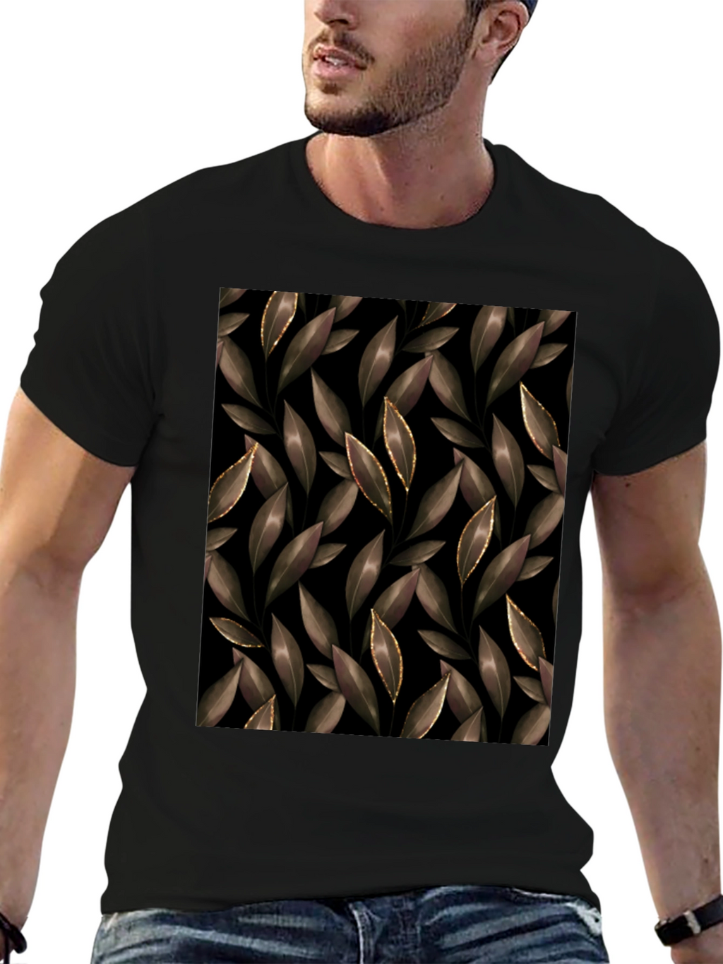 Elegant Leaf Print Black T-Shirt
