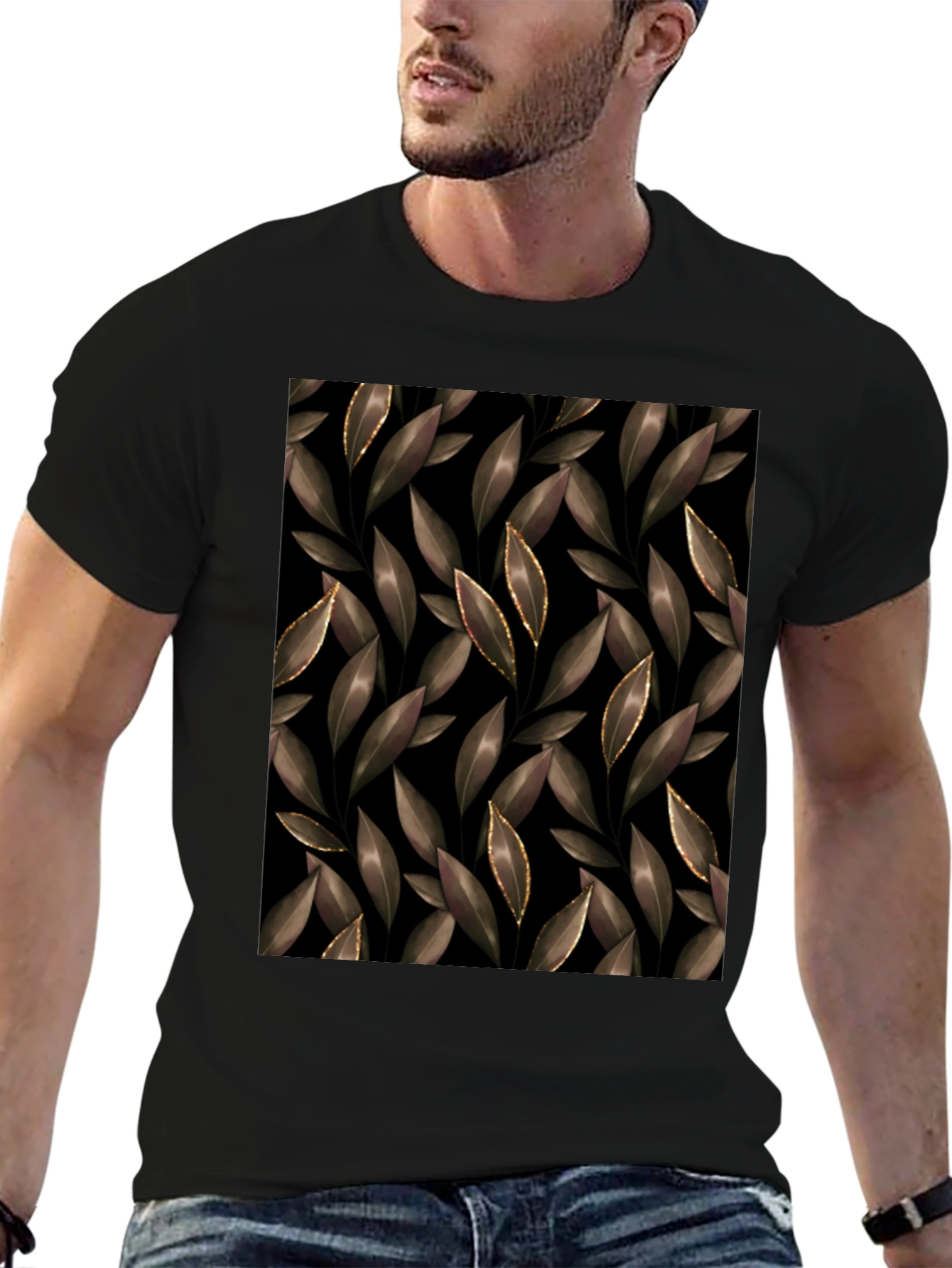 Elegant Leaf Print Black T-Shirt