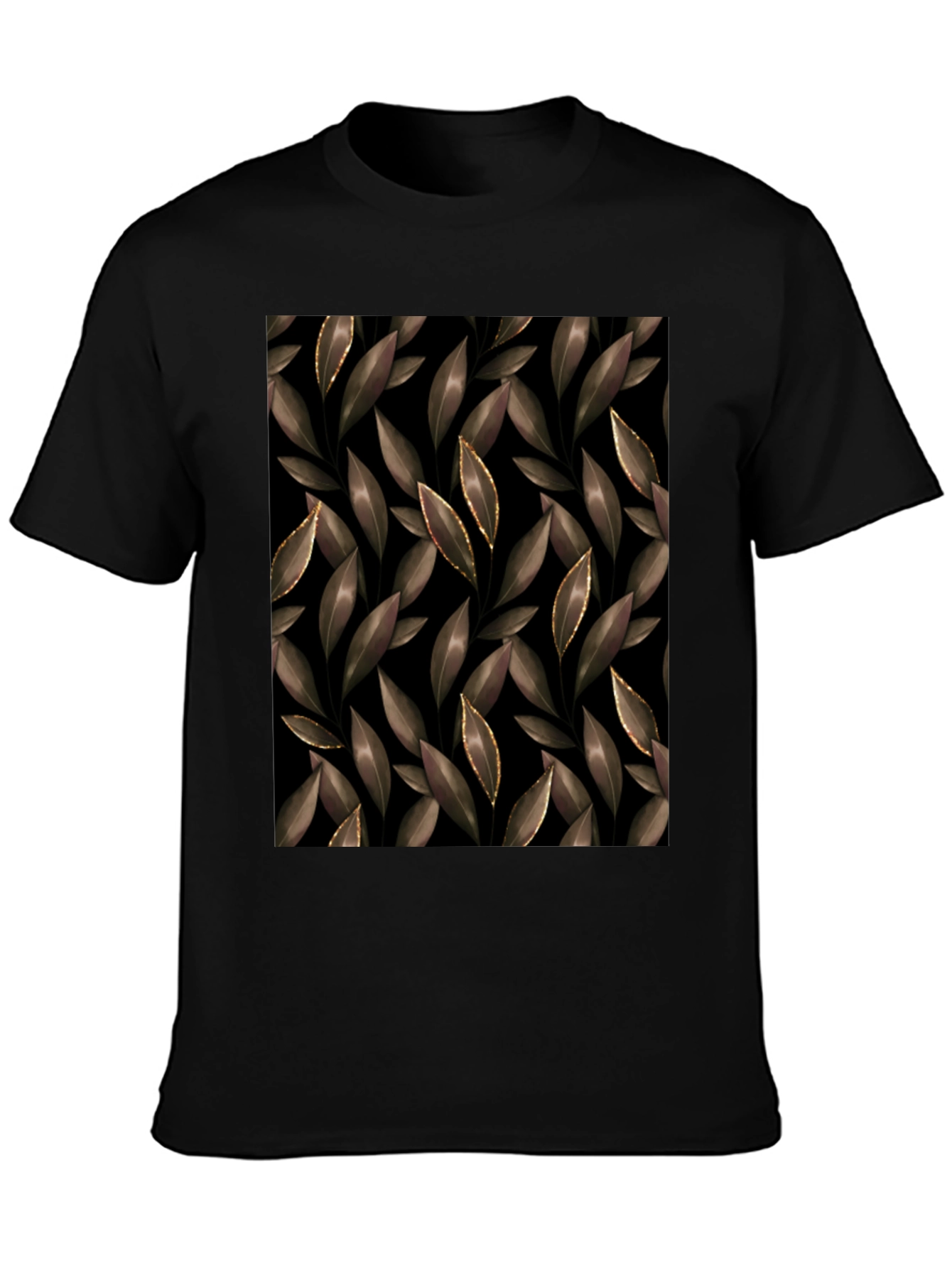Elegant Leaf Print Black T-Shirt