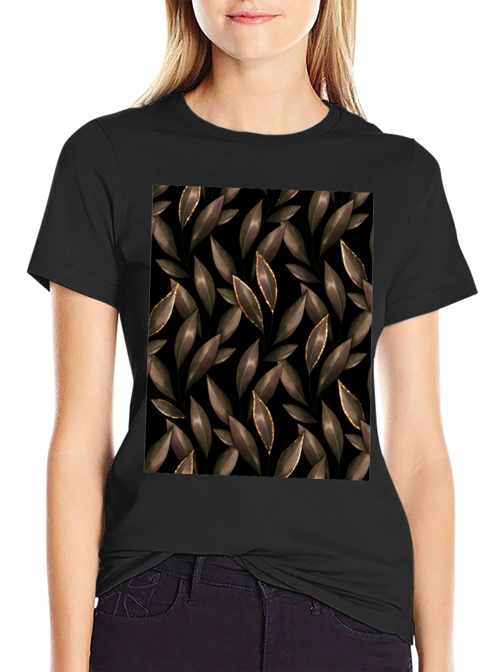 Elegant Leaf Print Black T-Shirt