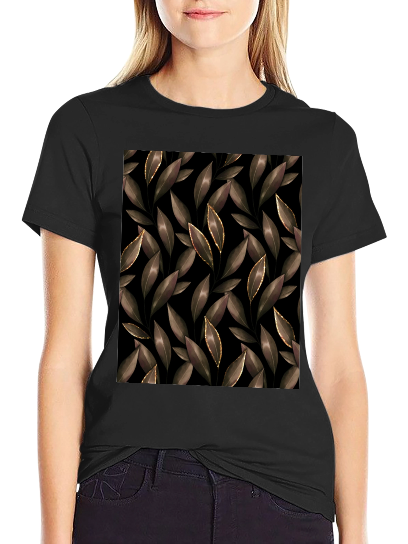 Elegant Leaf Print Black T-Shirt