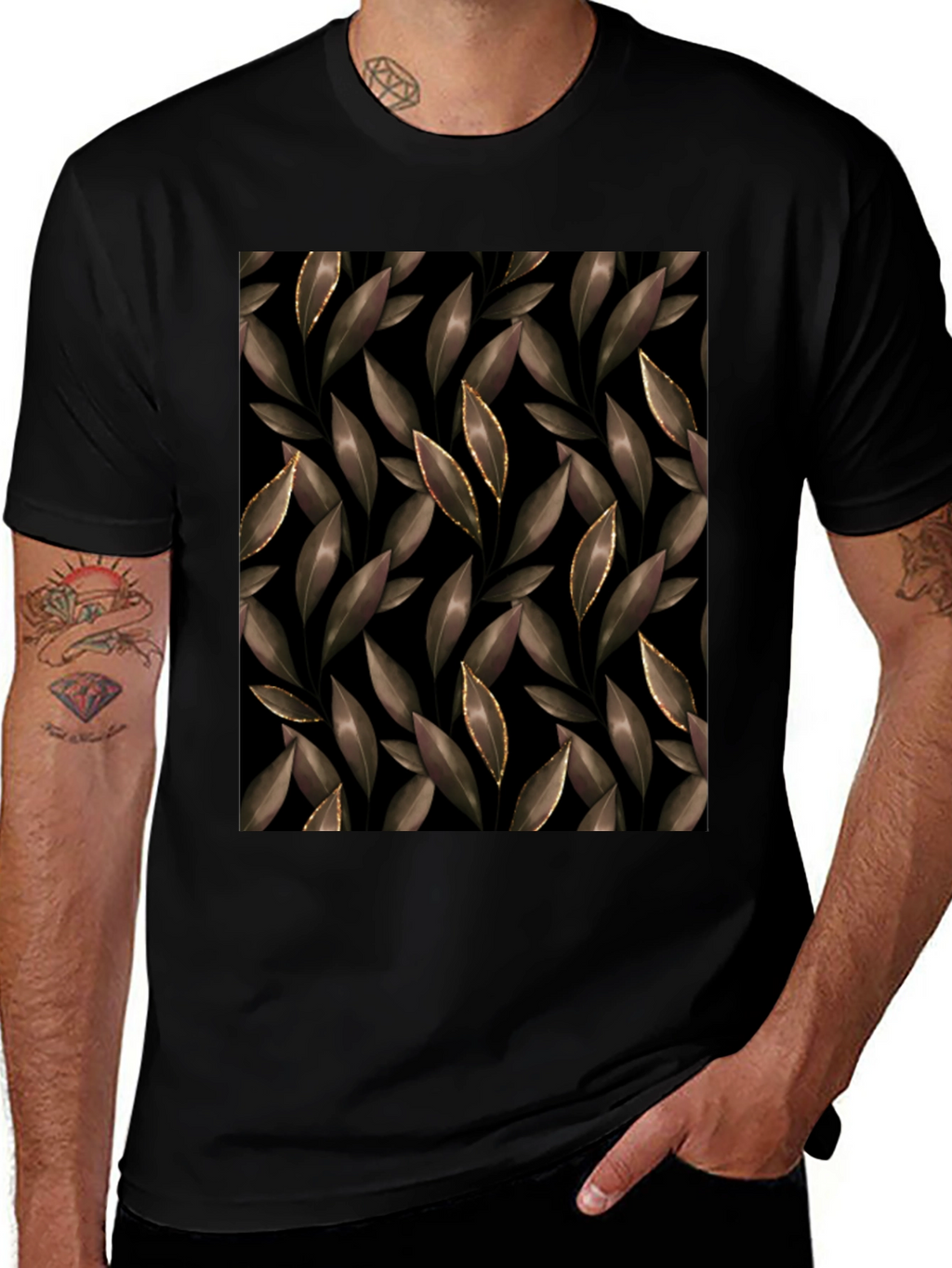 Elegant Leaf Print Black T-Shirt