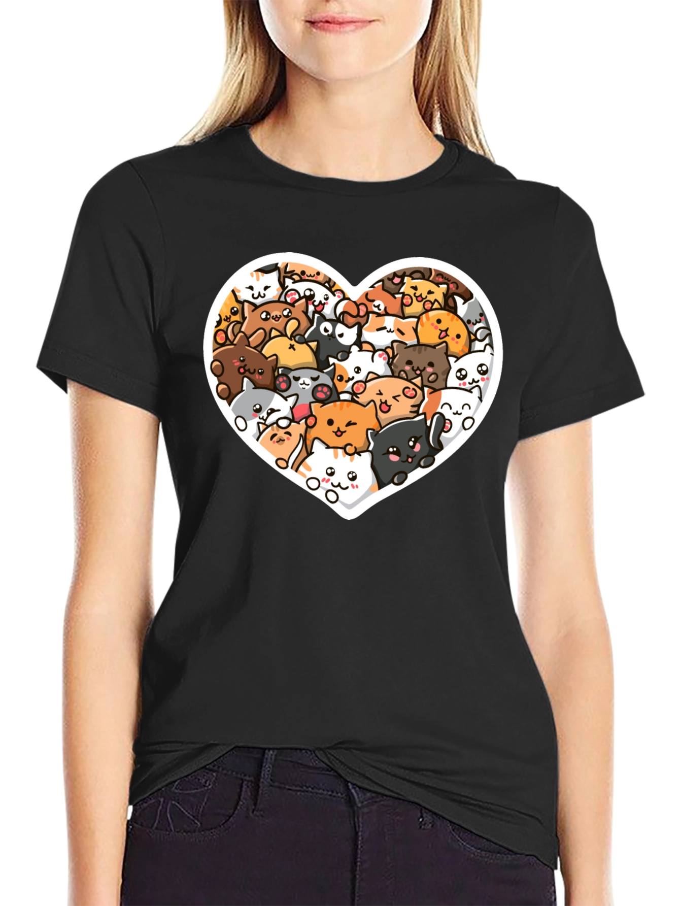 Cute Cat Heart T-Shirt - Black Graphic Tee