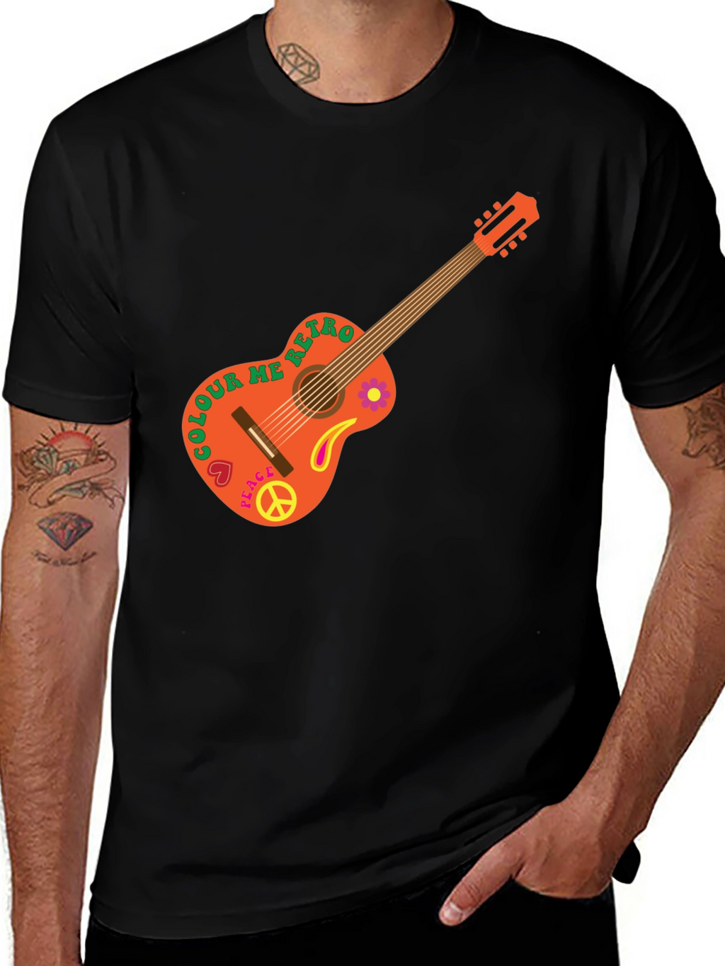 Retro Guitar Graphic T-Shirt - Peace & Music