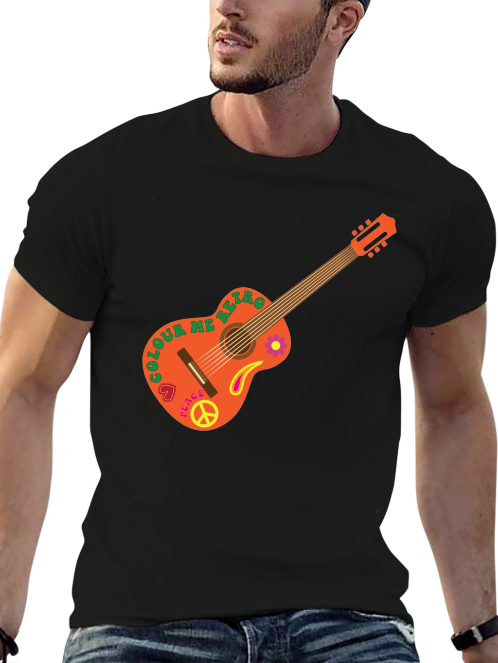 Retro Guitar Graphic T-Shirt - Peace & Music