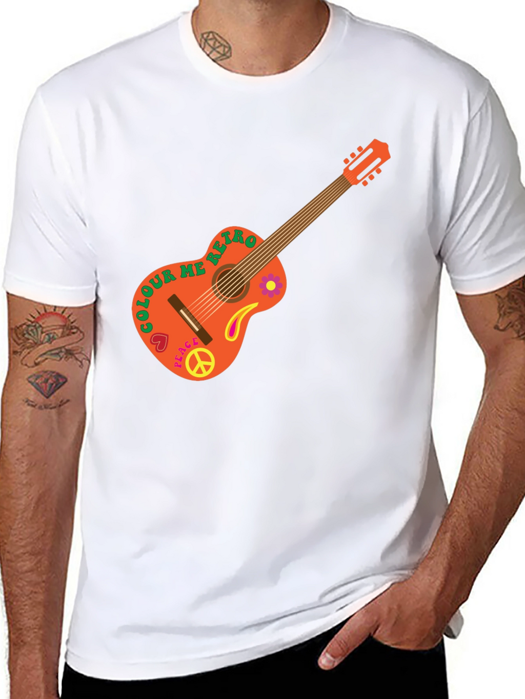 Retro Guitar Graphic T-Shirt - Peace & Music