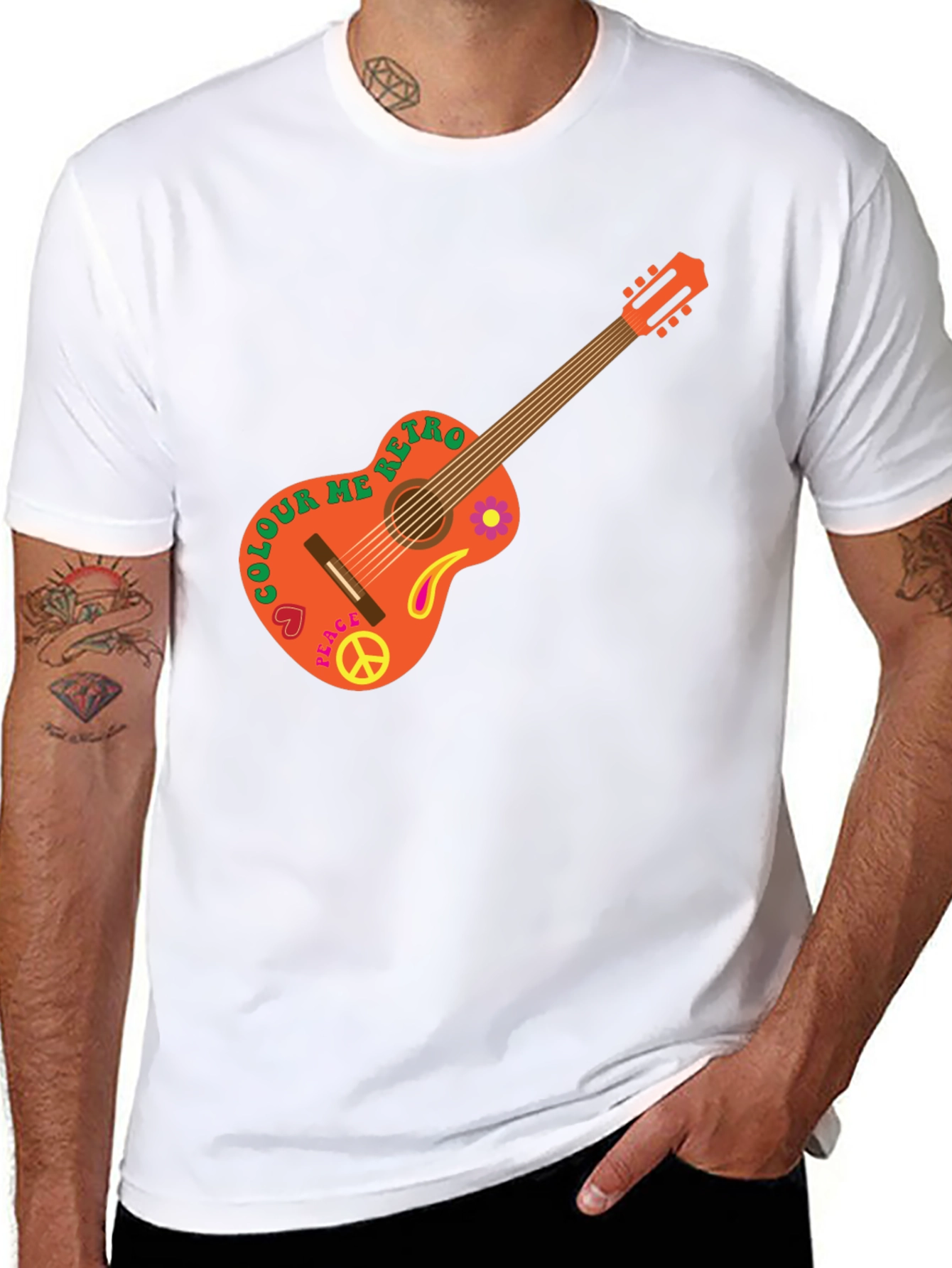 Retro Guitar Graphic T-Shirt - Peace & Music