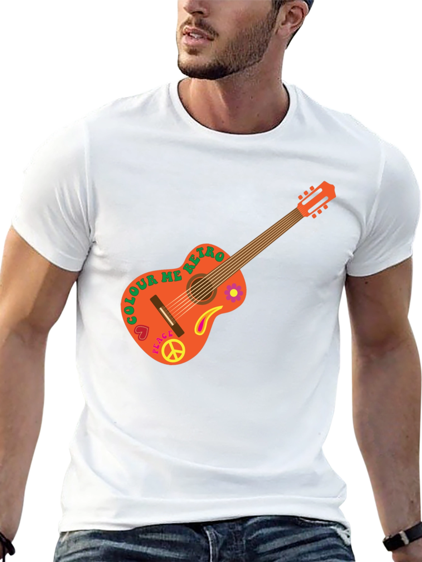 Retro Guitar Graphic T-Shirt - Peace & Music