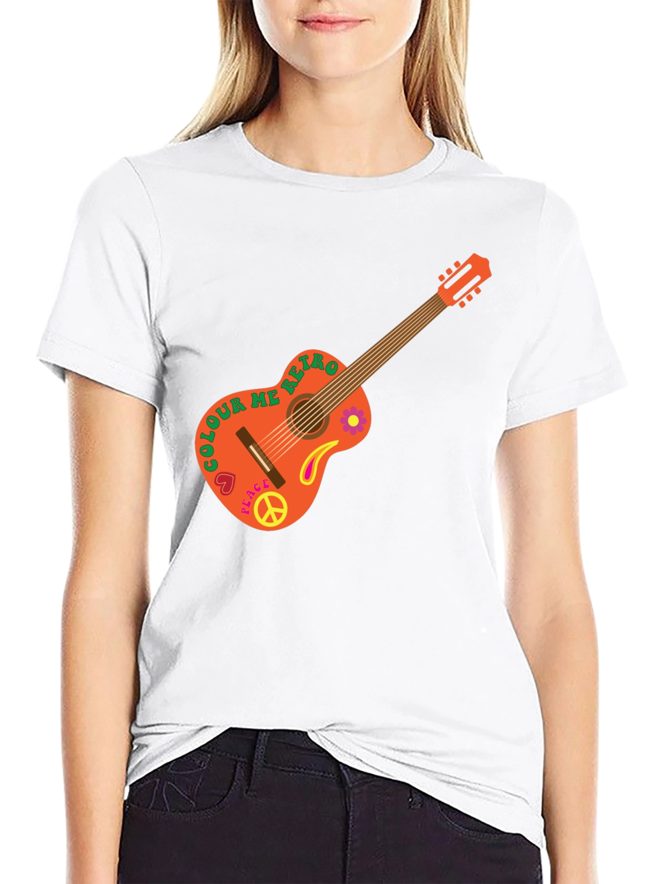 Retro Guitar Graphic T-Shirt - Peace & Music