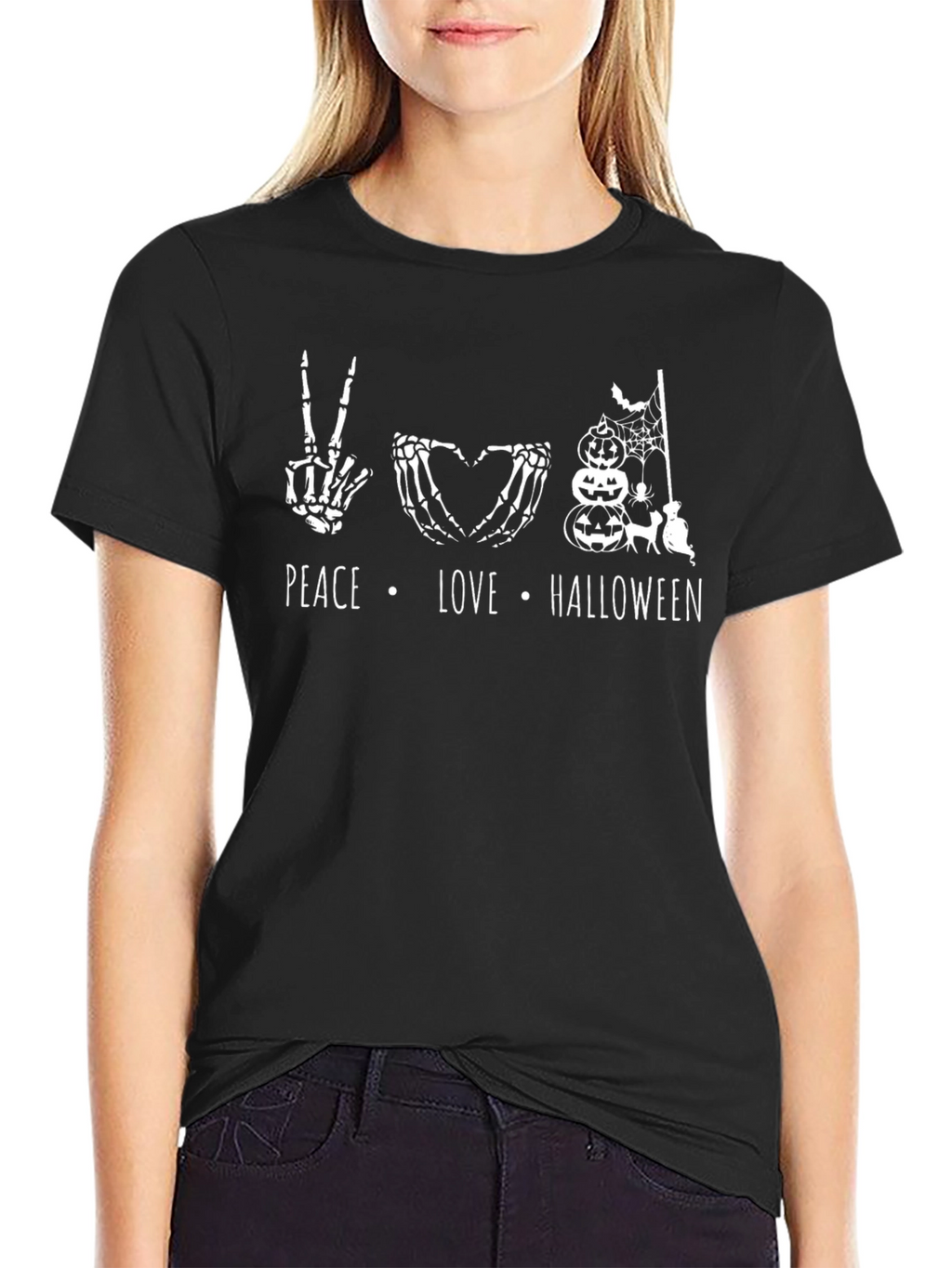 Peace Love Halloween Skeleton Graphic Tee