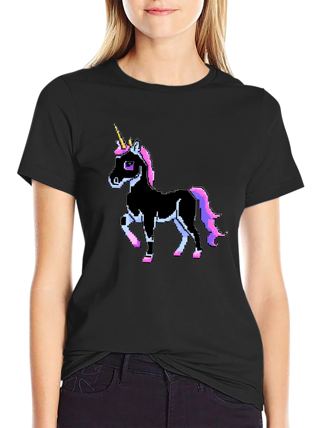 Pixel Unicorn Graphic T-Shirt - Black Crew Neck