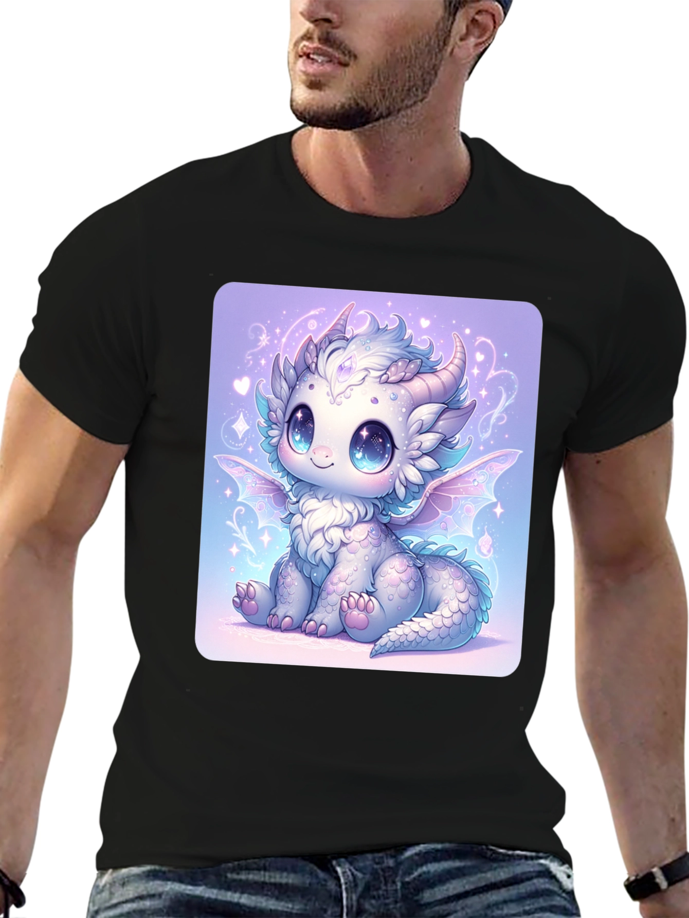 Cute Dragon Graphic Tee - Black Cotton T-Shirt