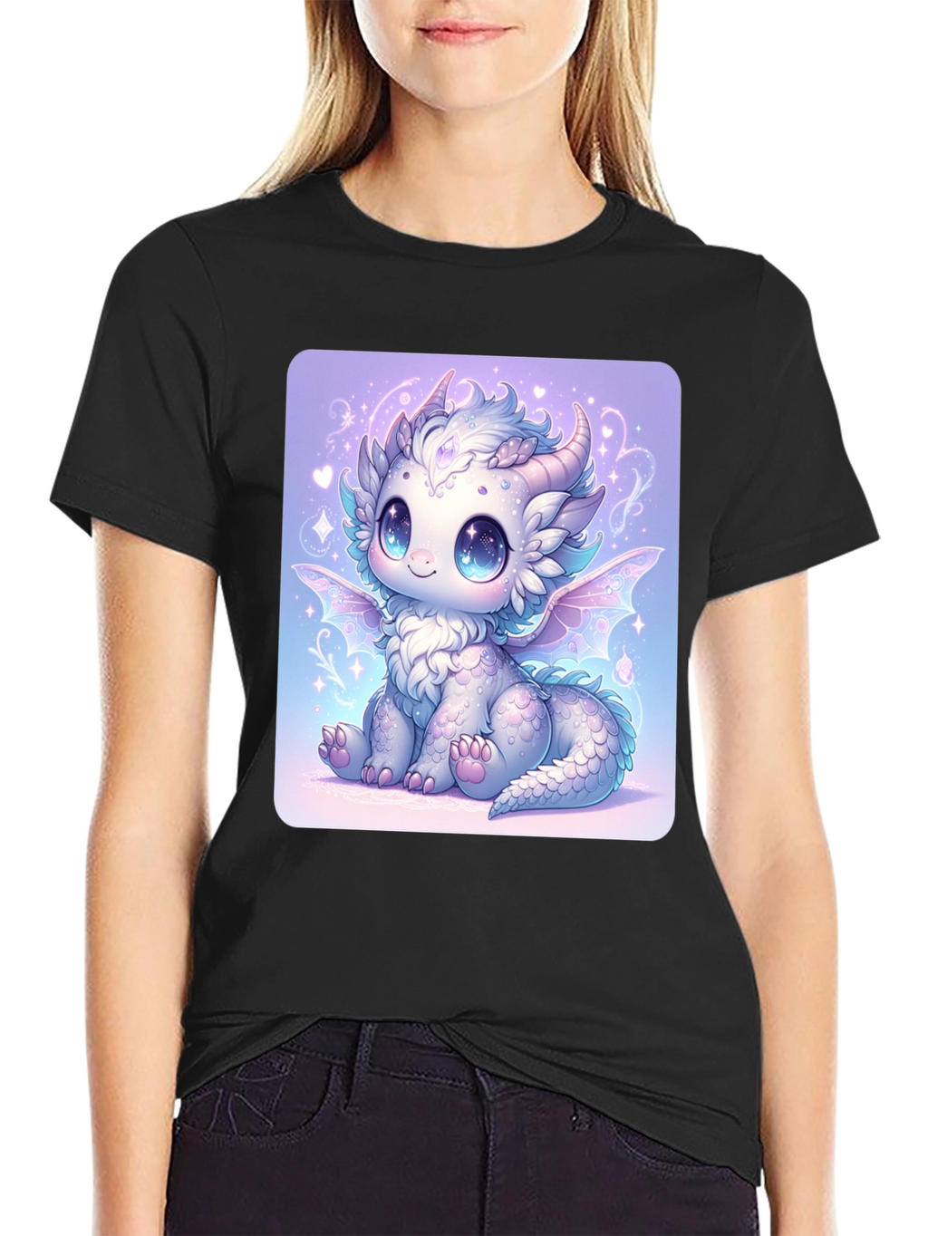 Cute Dragon Graphic Tee - Black Cotton T-Shirt