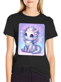 Cute Dragon Graphic Tee - Black Cotton T-Shirt