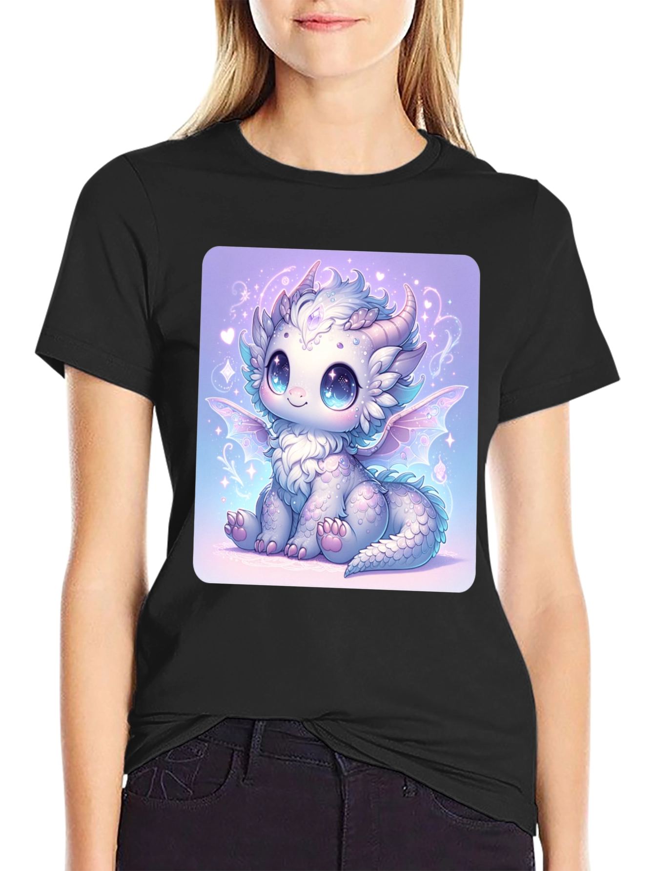 Cute Dragon Graphic Tee - Black Cotton T-Shirt
