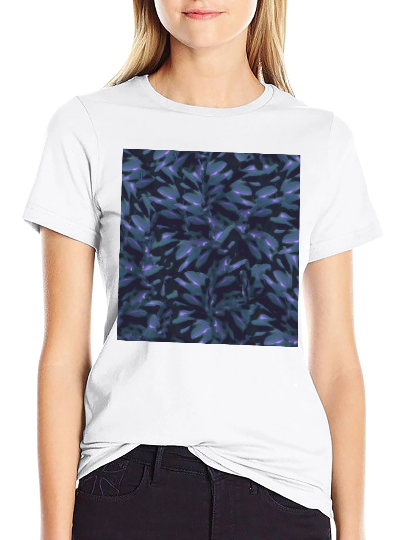 Black T-Shirt with Leaf Pattern Graphic