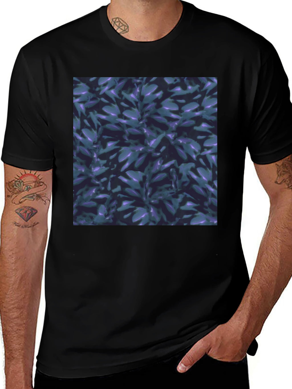 Black T-Shirt with Leaf Pattern Graphic