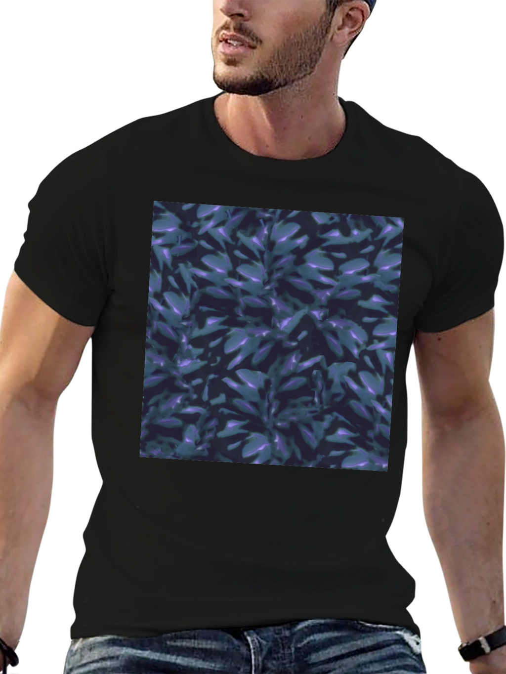 Black T-Shirt with Leaf Pattern Graphic