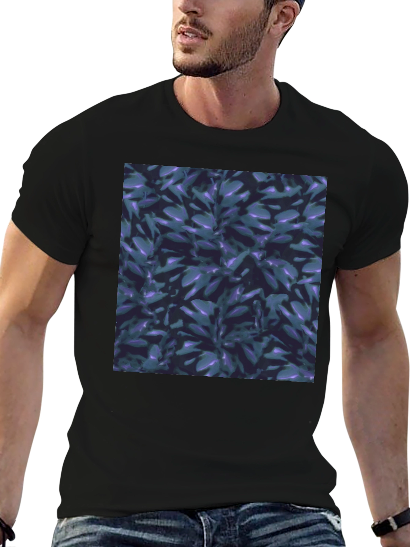 Black T-Shirt with Leaf Pattern Graphic