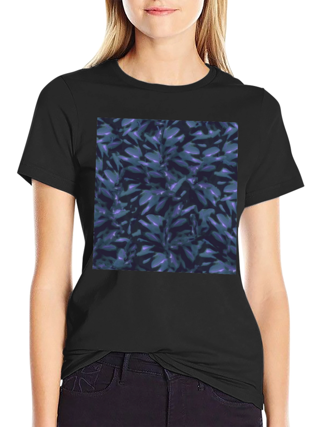 Black T-Shirt with Leaf Pattern Graphic