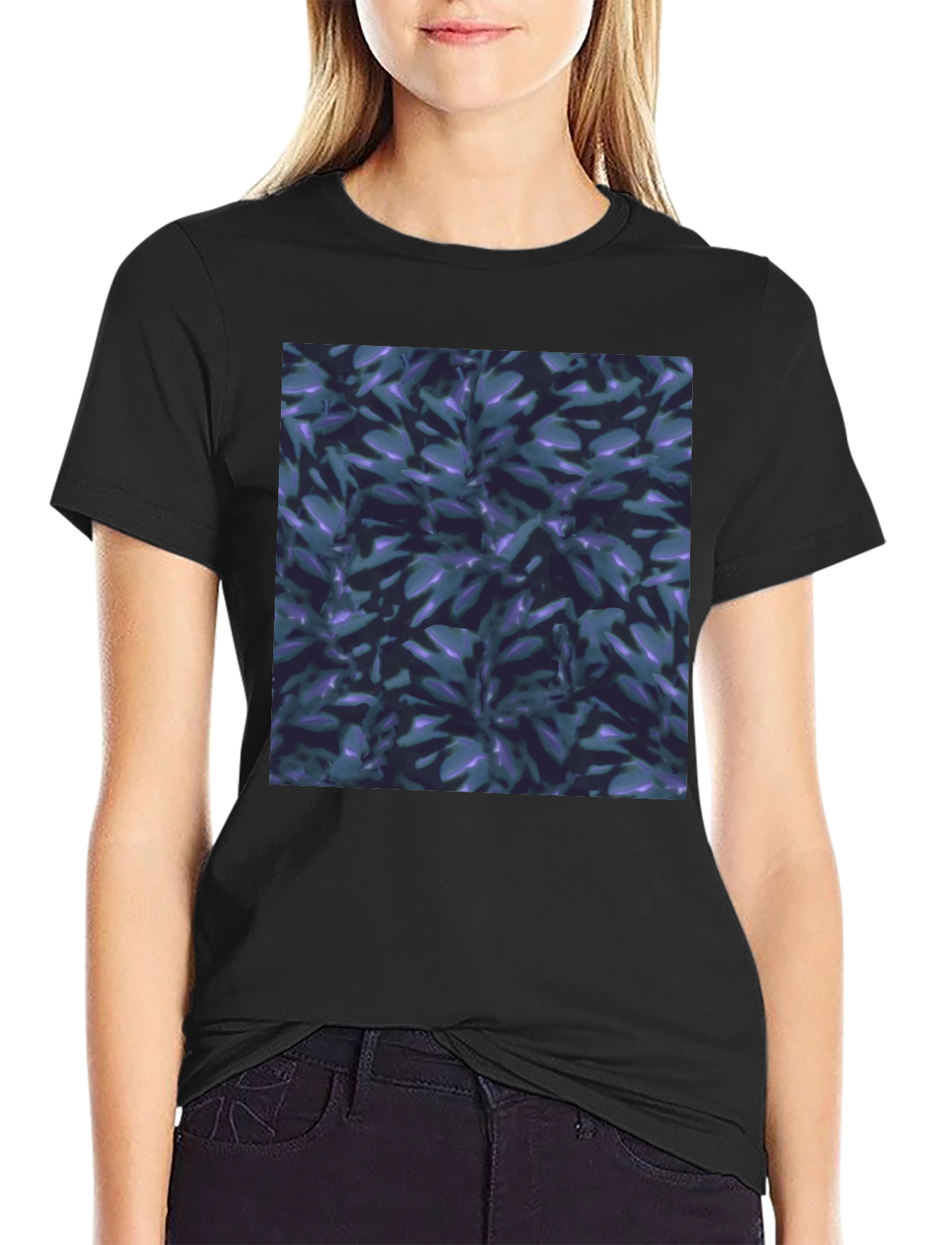 Black T-Shirt with Leaf Pattern Graphic