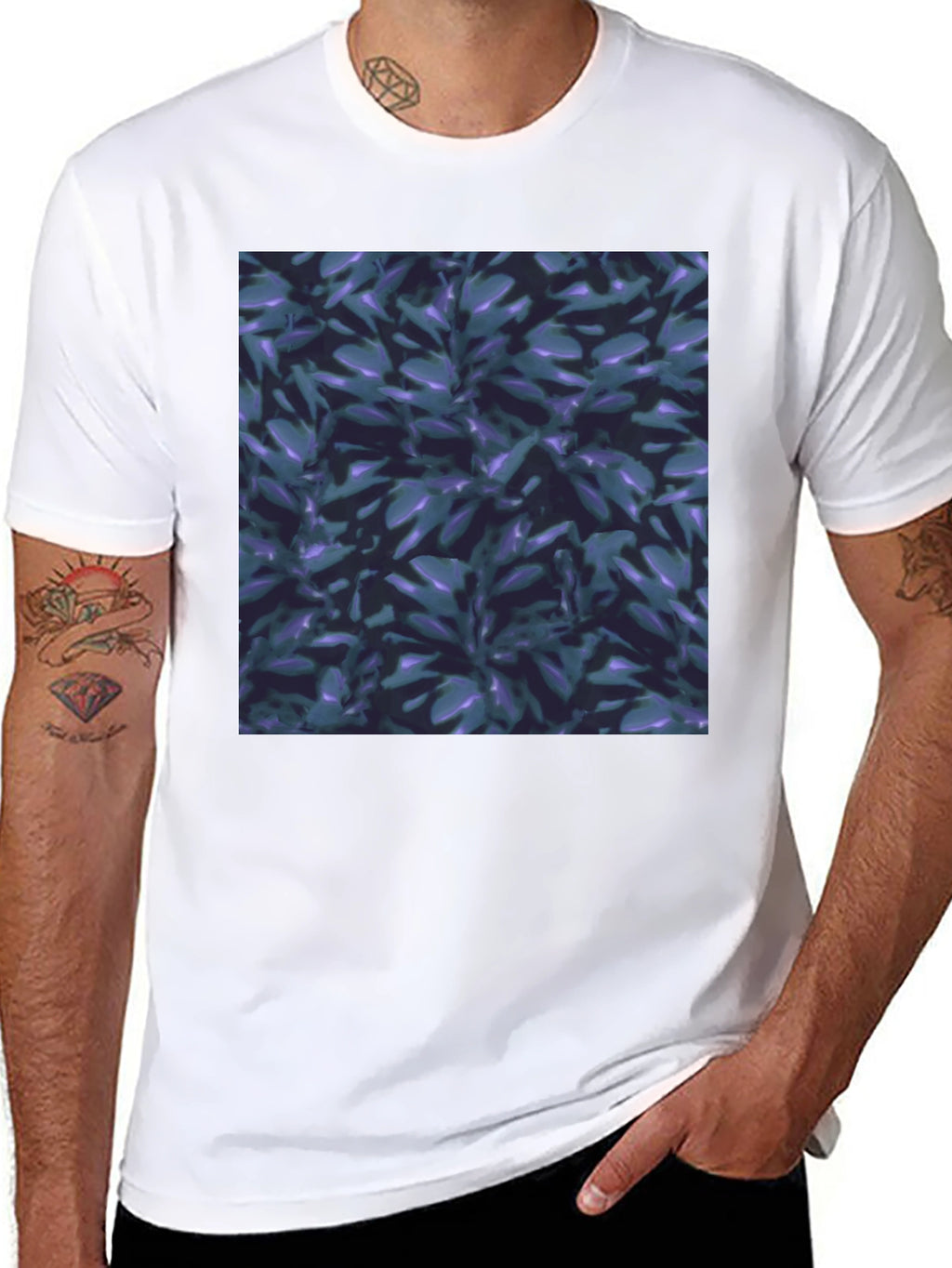Black T-Shirt with Leaf Pattern Graphic