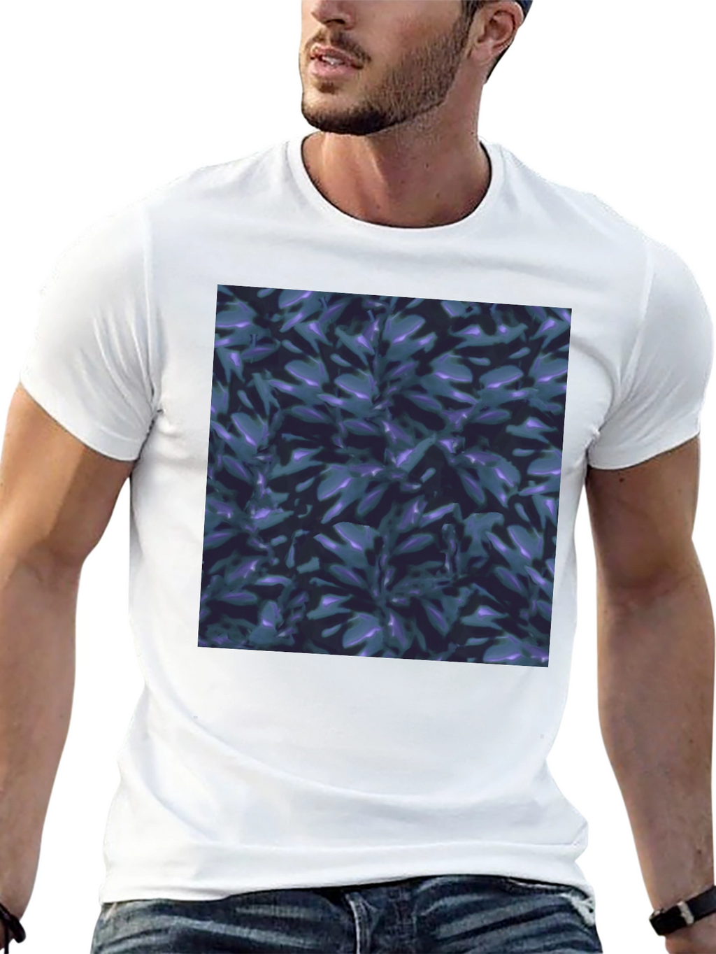 Black T-Shirt with Leaf Pattern Graphic