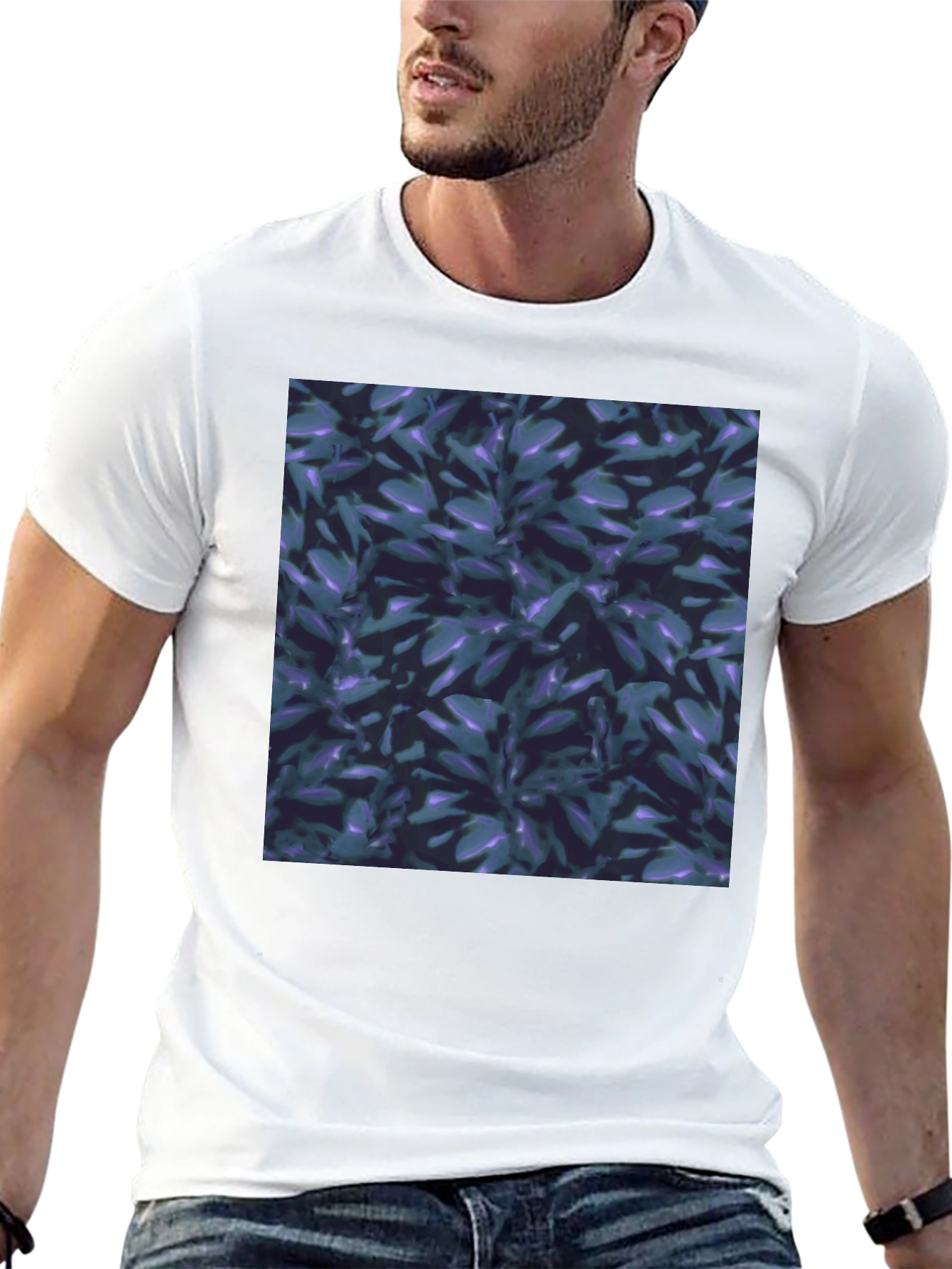 Black T-Shirt with Leaf Pattern Graphic