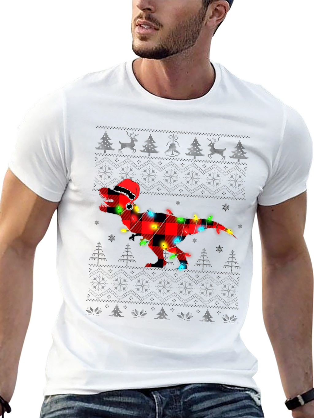Plaid Dinosaur Christmas T-Shirt